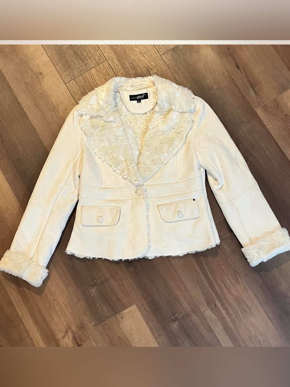 Vintage Black Rivet Y2K faux leather penny lane faux fur collar white coat large